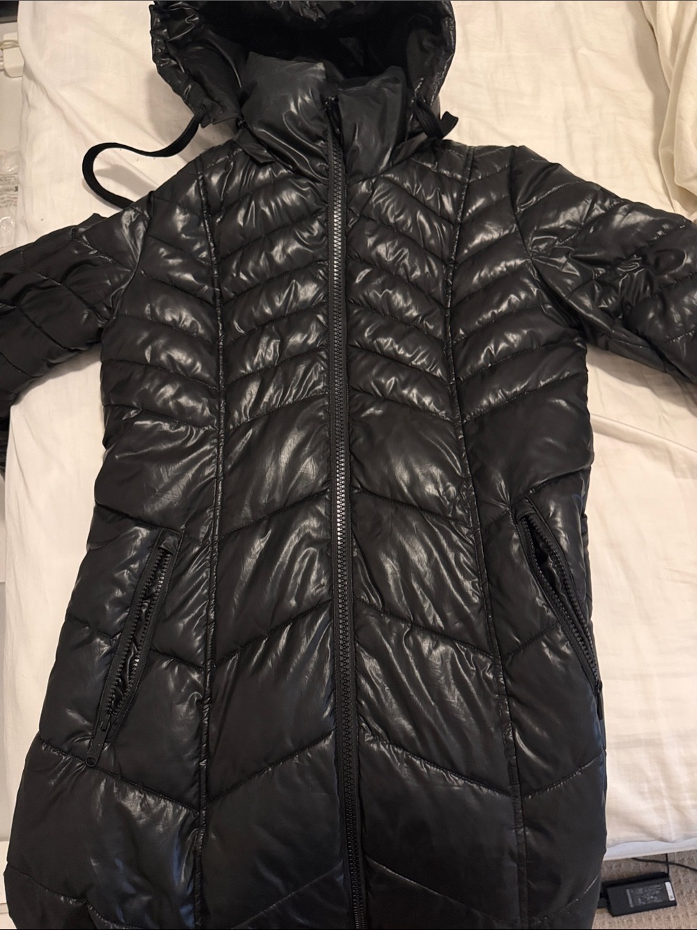 Sam Edelman Black Long Quilted Hooded Puffer Coat
